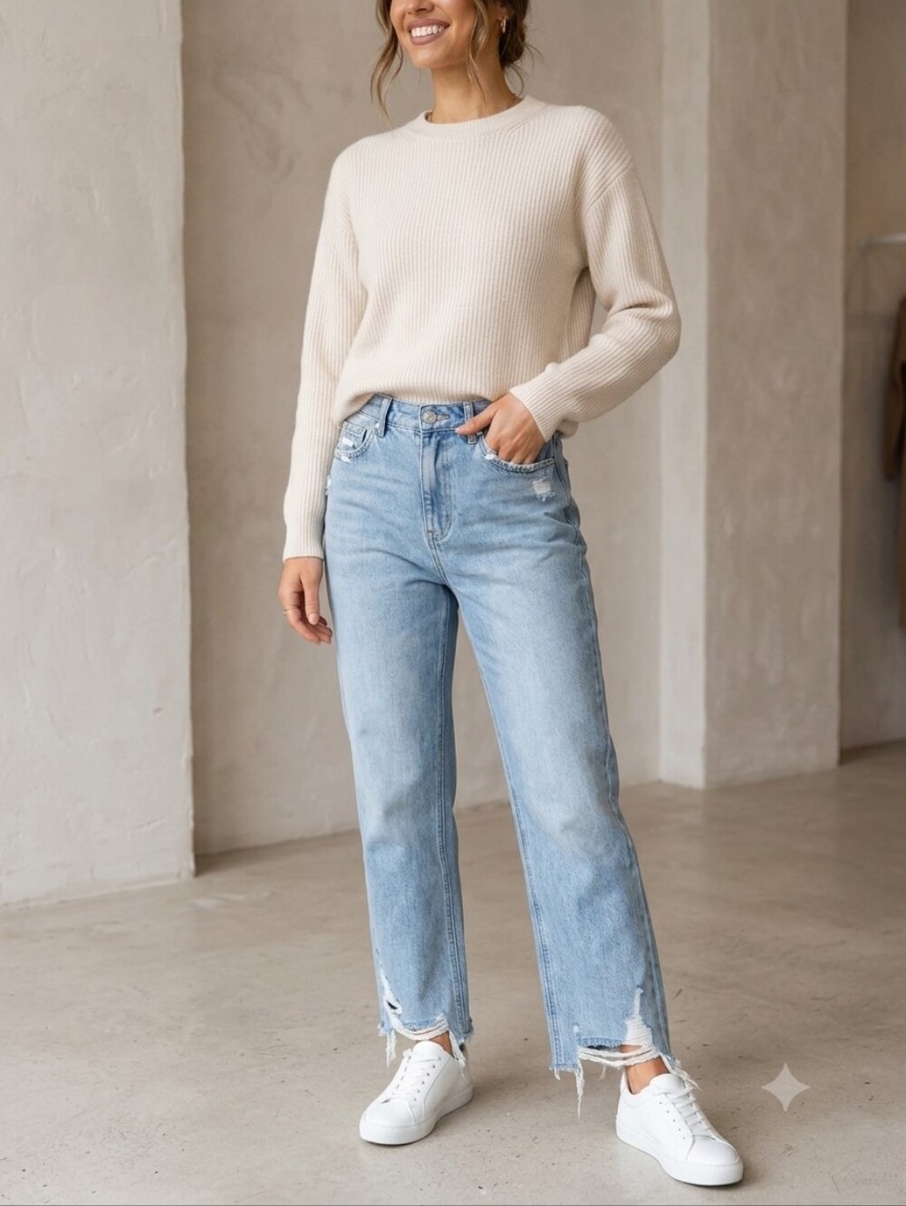 Light Blue Straight Leg High-Rise Jeans with Frayed Hem